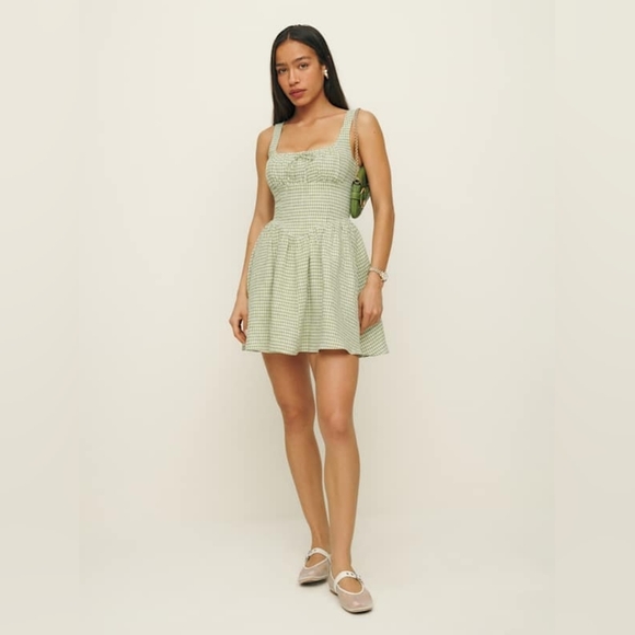 Reformation Daria Linen Mini Dress Avocado Green Gingham Check Size 4 - Picture 2 of 14
